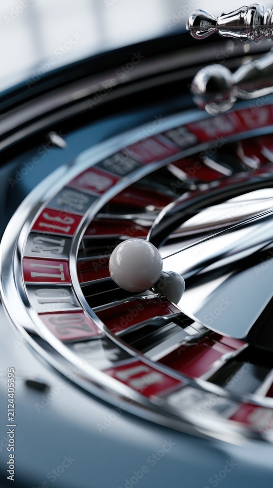 Obraz premium Roulette wheel with a white ball resting on a numbered slot, capturing the anticipation and excitement of a classic casino game in sleek metallic details