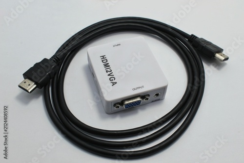 Fotografía HDMI Cable and HDMI to VGA Converter Isolated on White Background