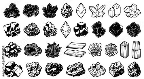 Set of black silhouette crystal and mineral formations featuring various geological shapes and raw stone structures for scientific and decorative design projects on white