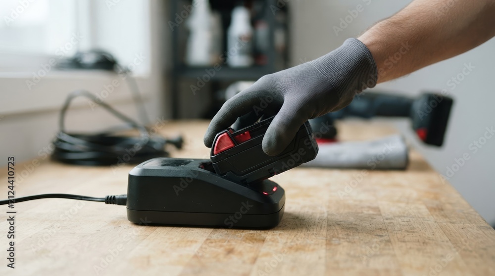 Fototapeta premium Man wearing a glove charging a power tool battery on a workbench in a workshop