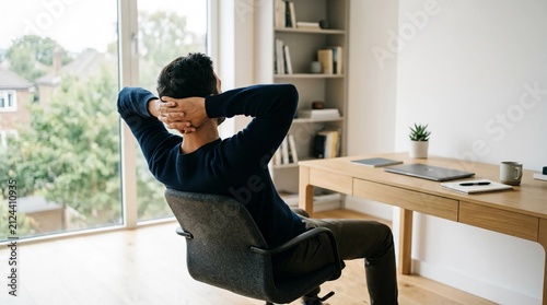 Professional man relaxing in home office after completing a productive workday by looking out the window with hands behind his head