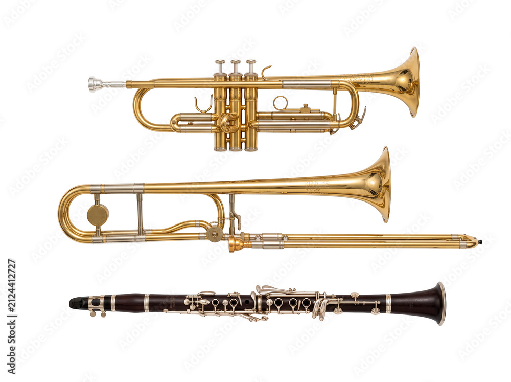 Fototapeta premium Brass trumpet and trombone alongside a wooden clarinet musical instruments arranged in a row PNG Isolated on transparent background