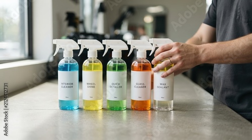 Man organizing colorful car detailing spray bottles on a workbench in a garage detailing shop