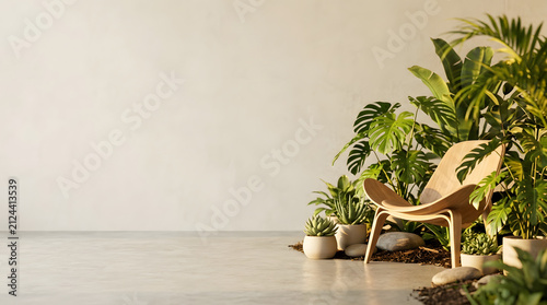 a wooden chair sitting on top of a cement floor