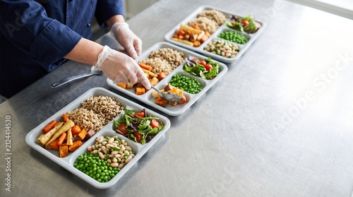 Balanced vegetable lunch trays assembled for school meal service