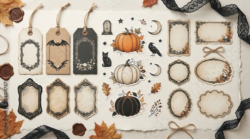 Spooky Halloween Craft Supplies: A collection of vintage-inspired Halloween crafting elements including pumpkins, tags, frames, bats, crows, and decorative lace.