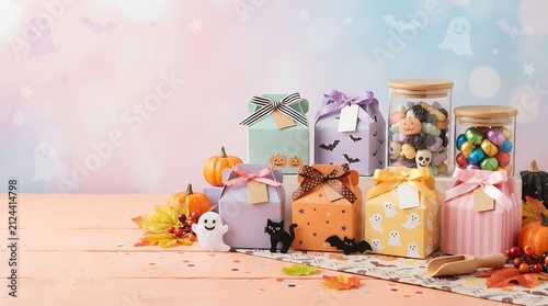 Festive Halloween Treat Boxes and Candies: A delightful arrangement of colorful, intricately decorated treat boxes and jars filled with candy, set against a soft.