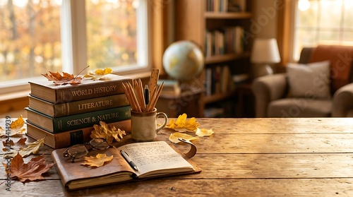 Cozy Autumn Study: A stack of vintage books and an open notebook rest on a wooden table, adorned with fallen autumn leaves, creating a warm and inviting atmosphere perfect for reflection or study.