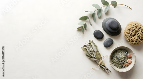 a bowl filled with various types of stones and plants