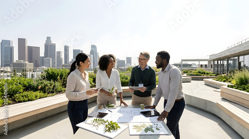 a group of people standing around a table