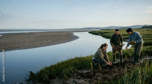 a couple of people standing next to a body of water