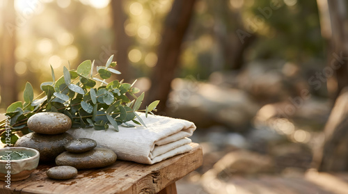 a wooden table topped with a bunch of green leaves