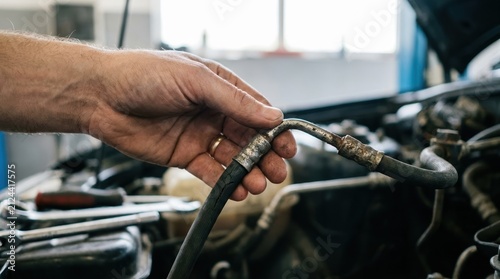 Professional mechanic inspecting and repairing a damaged car engine hose in an auto repair shop