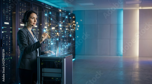 a woman standing in front of a server