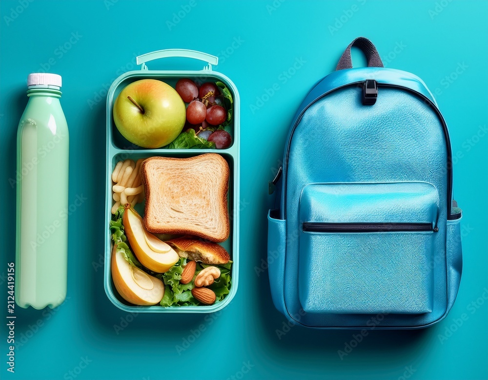 Obraz premium top view of a healthy school lunchbox with fresh sandwiches and snacks next to a blue backpack and water bottle isolated on cyan background with copy space for education design