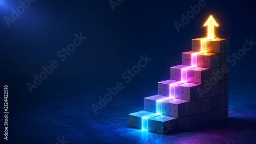 A glowing golden arrow points upward on a staircase made of wooden blocks. Concept of financial growth and career advancement for corporate management.