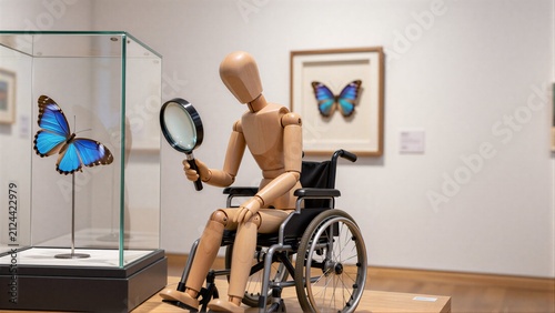 Wooden figure in wheelchair examines blue butterfly in glass case with framed art nearby.