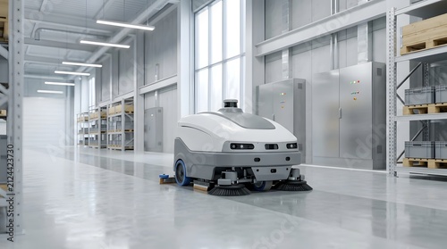 Autonomous floor cleaning robot in a modern warehouse facility