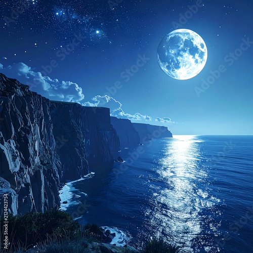 Moonlit Ocean Cliffside at Nighttime.