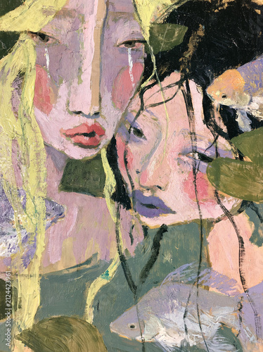 sirens overlooking a pond with fish fish are jumping out , sirens have long hair in the water with leaves and tears.