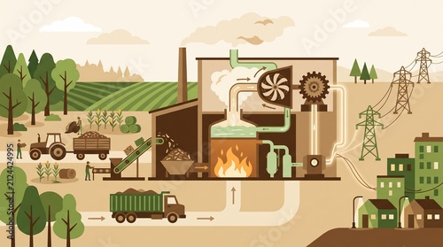 Biomass Energy System Illustration Featuring Crop Harvesting and Thermal Power Generation Delivering Electricity to a Residential Urban Area
