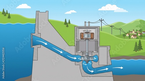Hydroelectric Power Plant Dam Cross Section Illustration Showing Water Flow Driving a Turbine to Generate Clean Energy for a Mountain Village