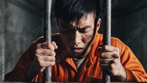 Distressed Inmate Gripping Prison Bars In Orange Jumpsuit