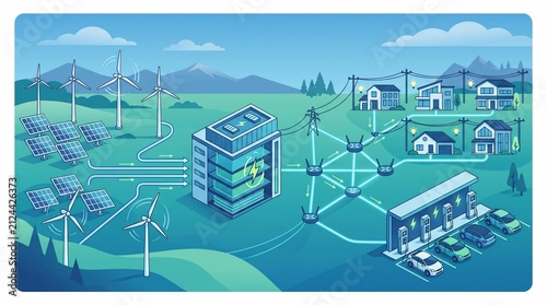 Smart grid ecosystem Illustration combining wind turbines and solar panels with energy storage