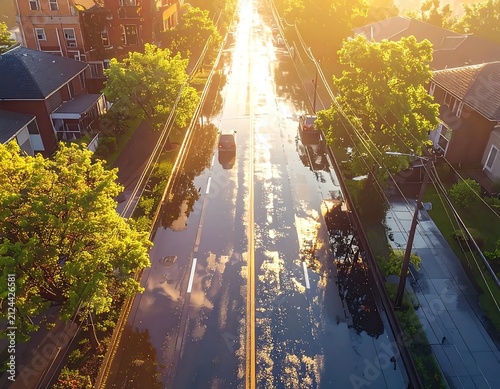 Aerial view of flooded residential street.