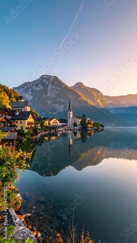 Serene lake village with church tower.