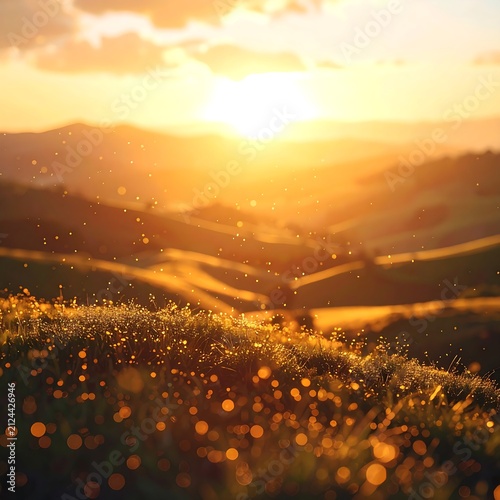 Golden sunrise over rolling hills landscape.