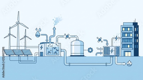 Clean Energy Transition Illustration From Renewable Wind and Solar Sources Through Hydrogen Electrolysis and Storage to City Building Electricity