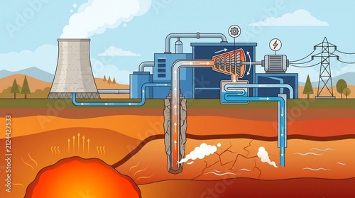 Geothermal Power Plant Cross Section Illustration Showing Heat Extraction From Underground Magma Driving Steam Turbines for Power Distribution