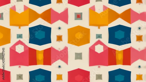 Geometric Pattern Harmony: A vibrant and playful seamless geometric pattern featuring a harmonious blend of colorful shapes and motifs, evoking a sense of modern design and artistic flair.