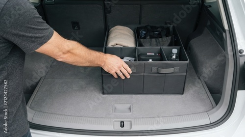 Man placing a gray collapsible trunk organizer in the back of his car for storage and travel