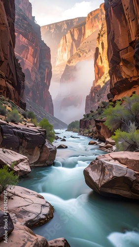 Scenic canyon landscape with river flowing.