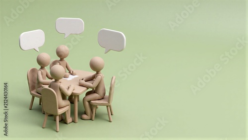 Five beige figures discuss around a table, speech bubbles above their heads.