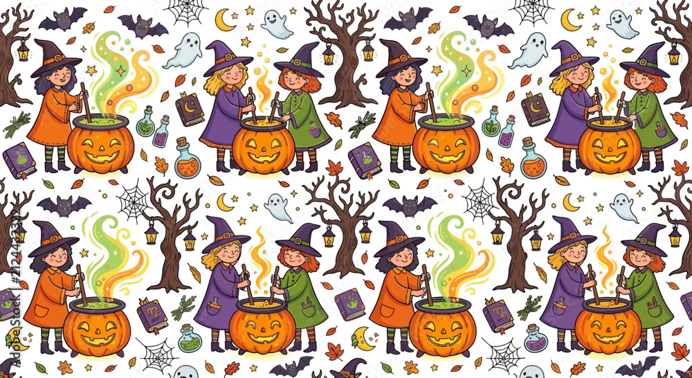 Fototapeta premium Cute Witches Brewing Potions Seamless Pattern