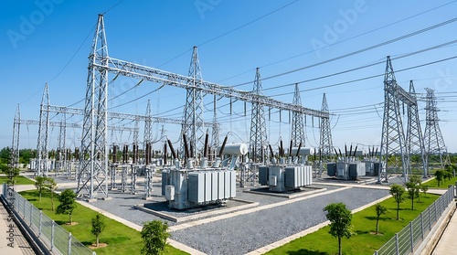 Fototapeta kuchenna Expansive high-voltage power substation with robust transformers and extensive network of transmission lines, essential for modern electricity infrastructure and energy distribution