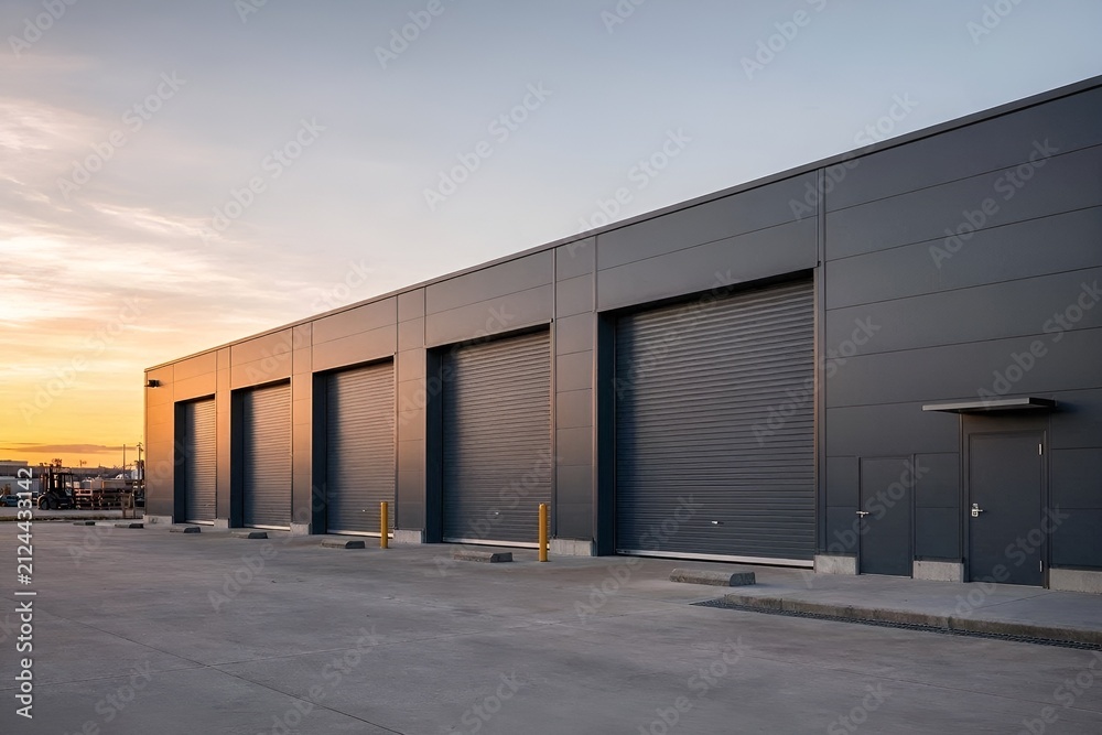 Naklejka premium Heavy-Duty Commercial Use Warehouse or Storage Unit Featuring Large Vertical Rolling Exterior Roller Shutter Garage Doors with Sleek Dark Gray Metal Panel Cladding. Industrial Zone at Sunset. 