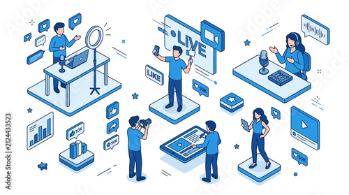 Isometric content creators working in professional digital media studio.