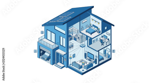 Isometric cutaway view of modern smart home interior.