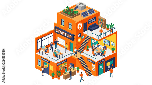 Isometric creative startup office building with open workspaces.