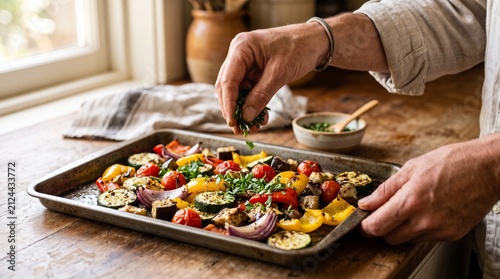 Chef garnishing roasted vegetables on a baking sheet with fresh herbs, close up shot