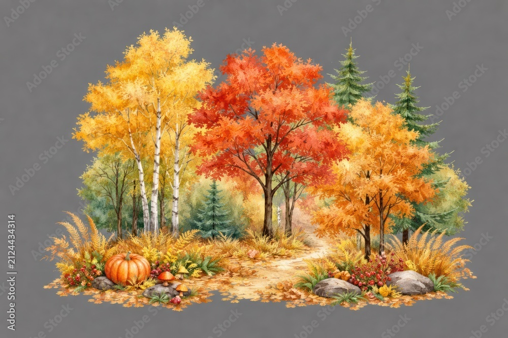 Obraz premium Autumn forest landscape with colorful trees and pumpkins