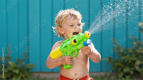 Happy child joyfully watershooting with a green toy gun outdoors on sunny day.