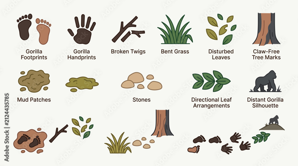 Fototapeta premium Gorilla Tracking and Foraging Signs Icon Collection Illustrating Forest Wildlife Observation and Biodiversity Research