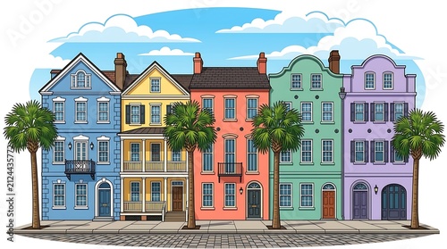 Colorful historic row houses on a cobblestone street with palm trees