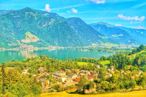 Obraz na plátně Aerial view over Thumersbach, Zeller See and surrounding mountains in summer, Ze