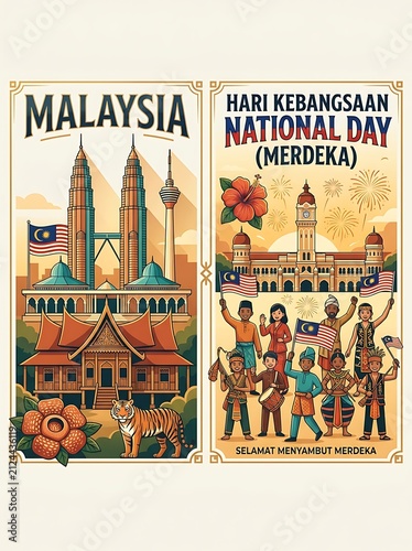 Malaysia national day celebration featuring landmarks and diverse people